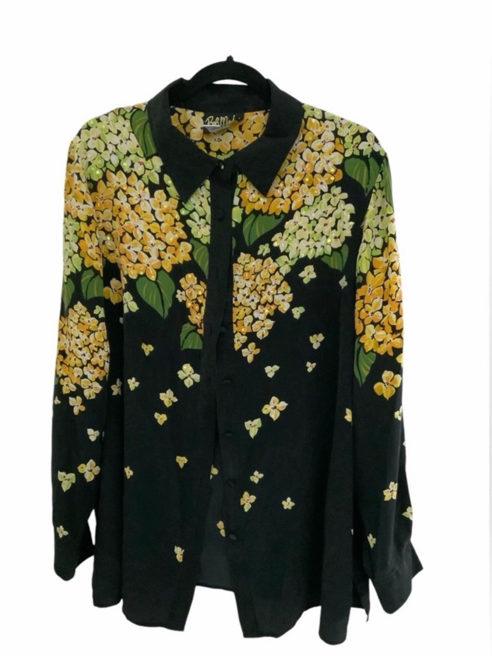 Bob Mackie Black Silk Button-Down Blouse with Yellow Floral Print